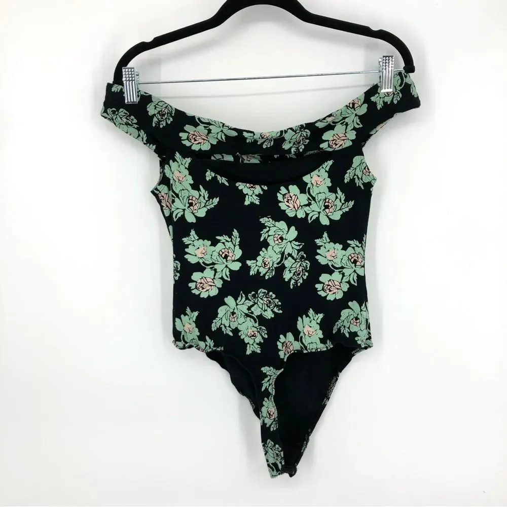 Intimately Free People Womens Bodysuit Size Small Black Off‎ the Shoulder Floral